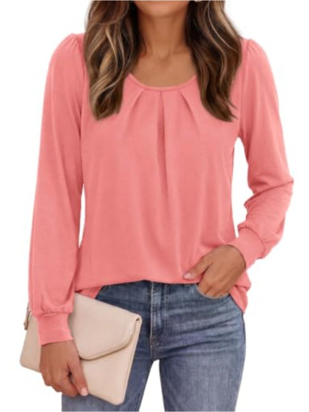 Womens Long Puff Sleeve Blouse Crew Neck Pleated Business Casual Top